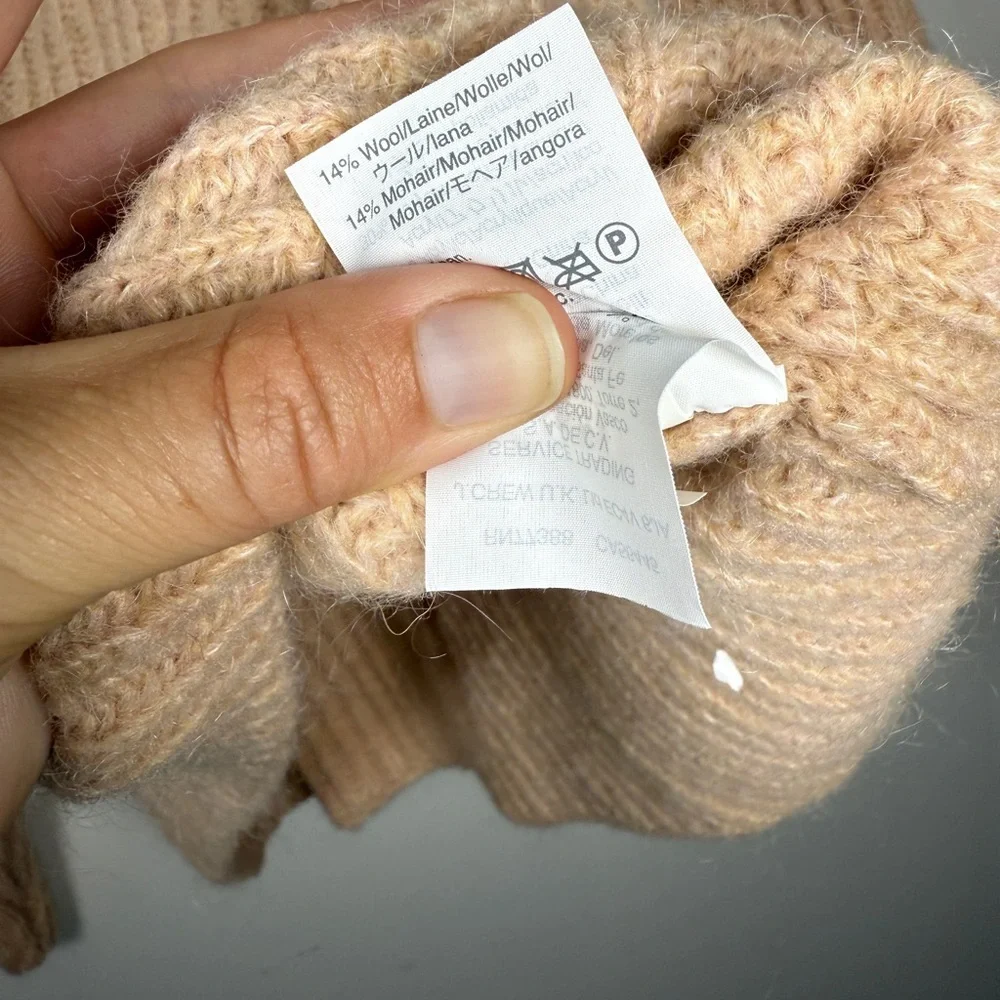 Point Sur Mohair & Wool Blend Ribbed Turtleneck Rib Knit Sweater Pale Peach Sz S